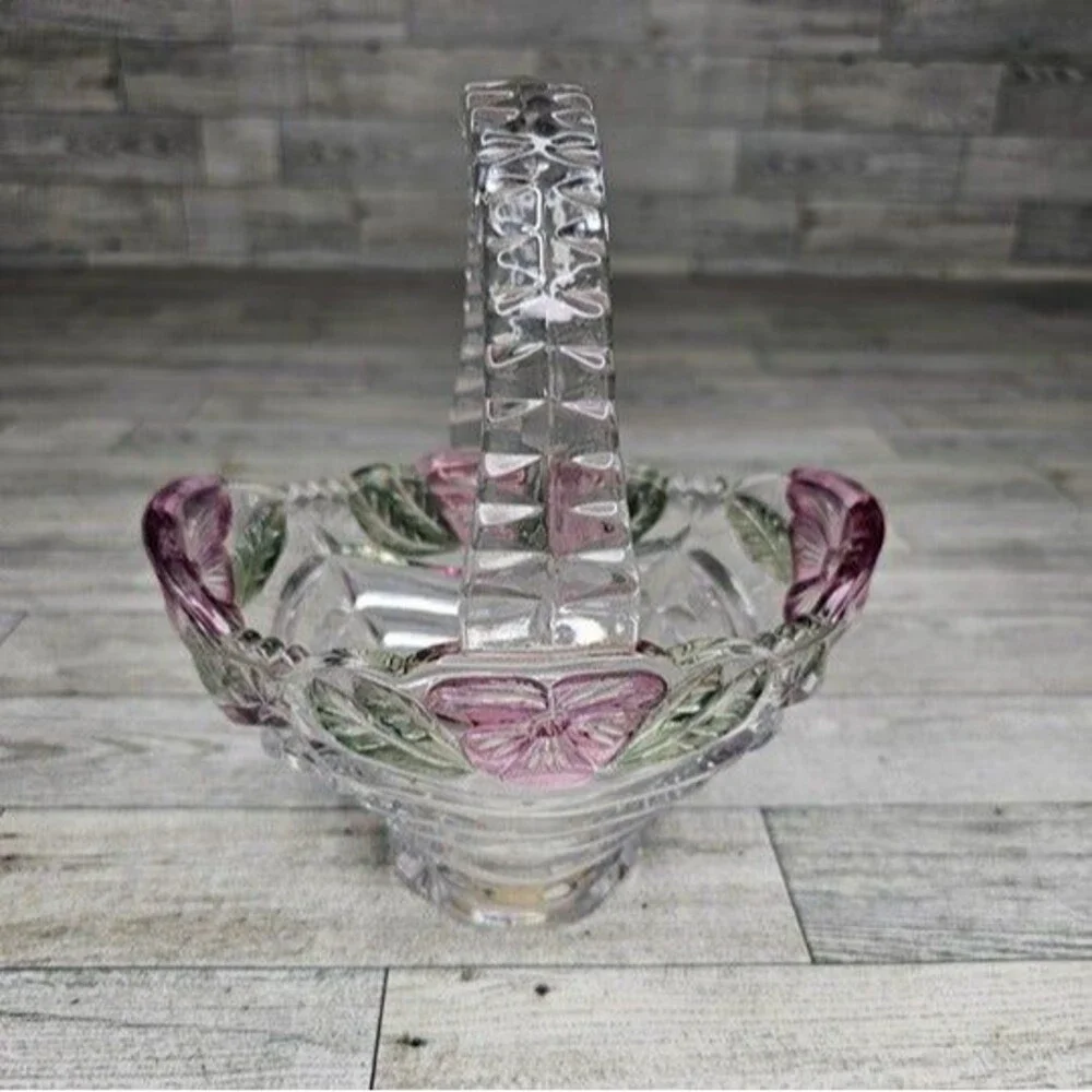 Anne Hutte Bleikristall Lead Crystal Basket 24% P.bO Made in Germany Pink/Green
